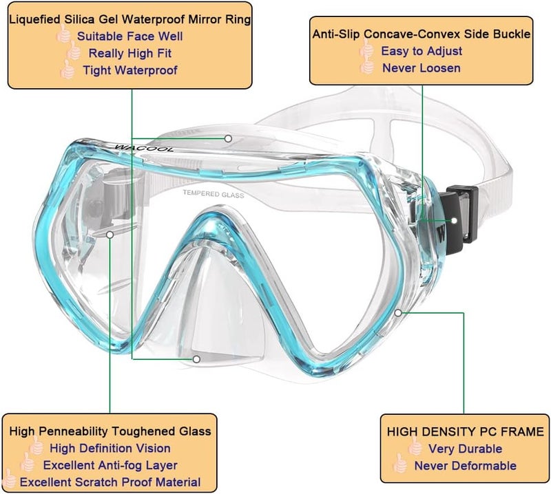 WACOOL Professional Snorkeling Snorkel Diving Scuba Package Set with Anti-Fog Coated Glass Purge Valve and Anti-Splash Silicon Mouth Piece for Men Women (Adults,Lake Blue) - Image 5